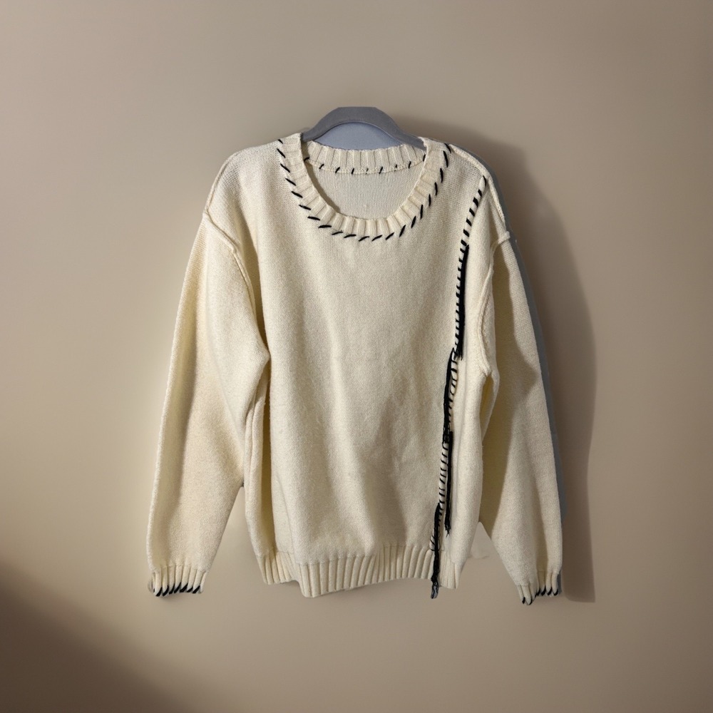 Cream Knit Sweater Black Stitch Detail Crew Neck Long Sleeve Cozy Casual